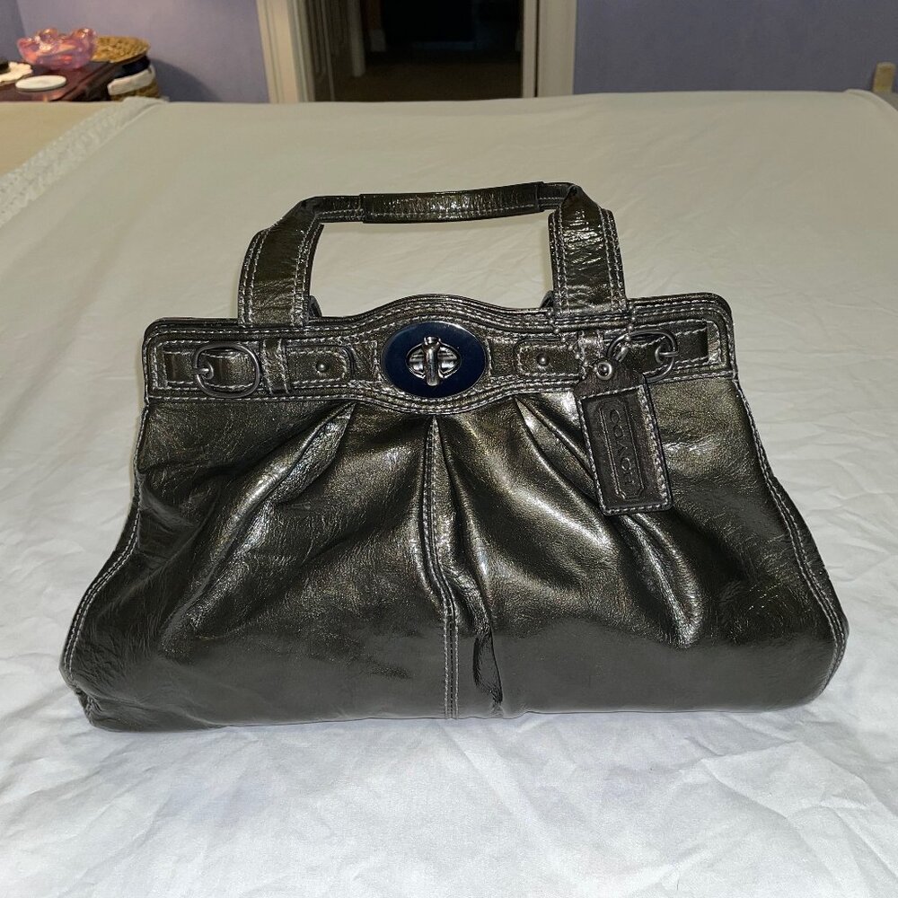 Coach Patent Leather Garnet Turnlock Satchel in Pewter (Style No. 13926)